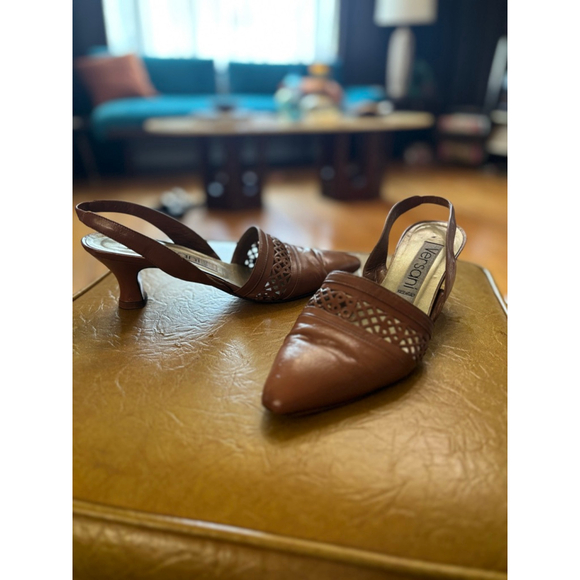 Vintage Versani Brown Leather Cutout Slingback Heels 7.5 - Picture 2 of 4